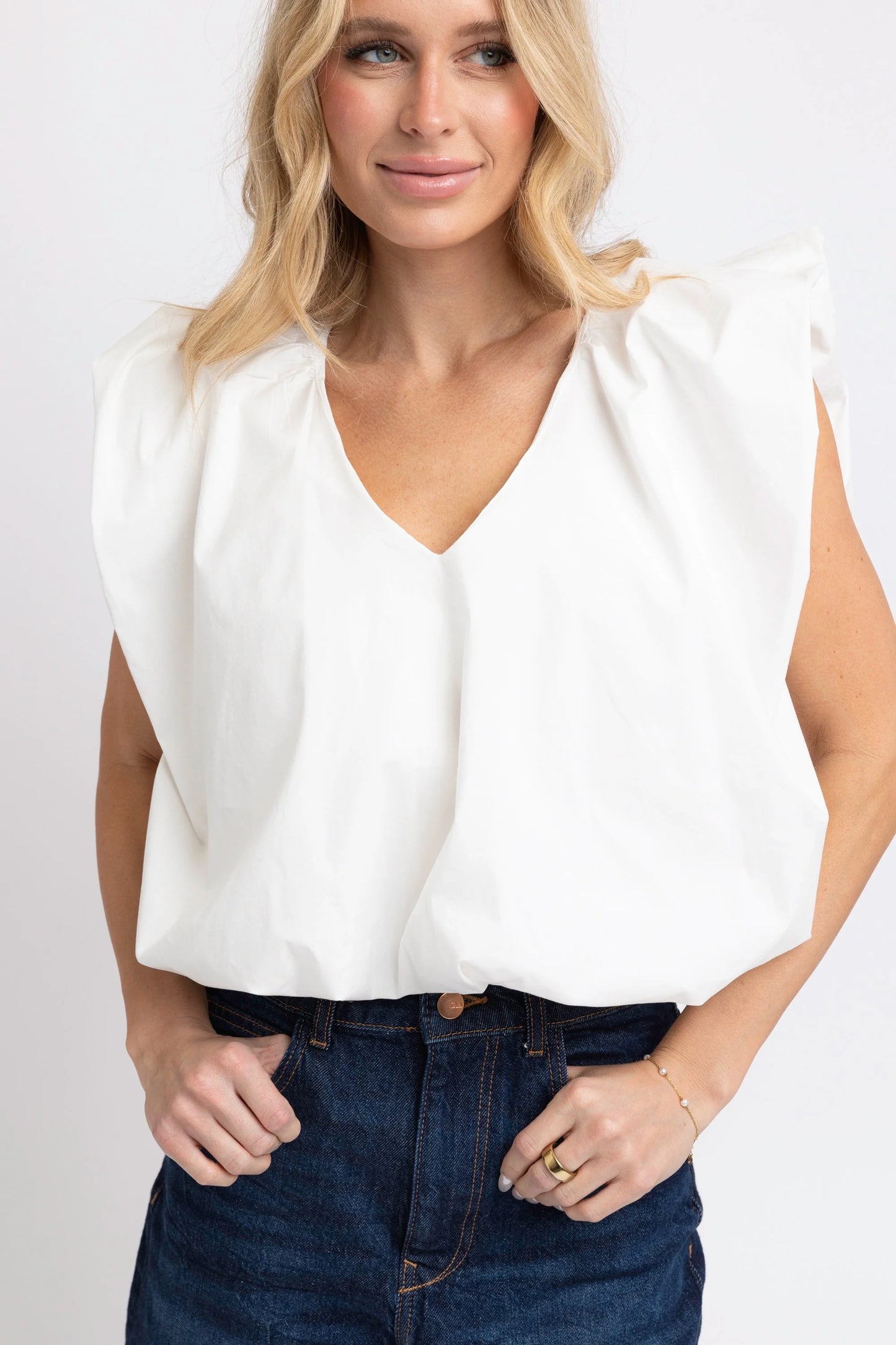 Karlie Solid Poplin Bubble Top in White