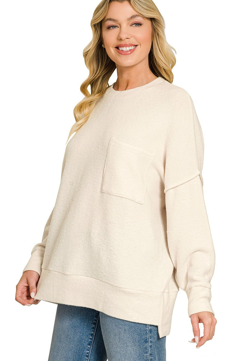 Oversized Knit Pocket Top in Beige