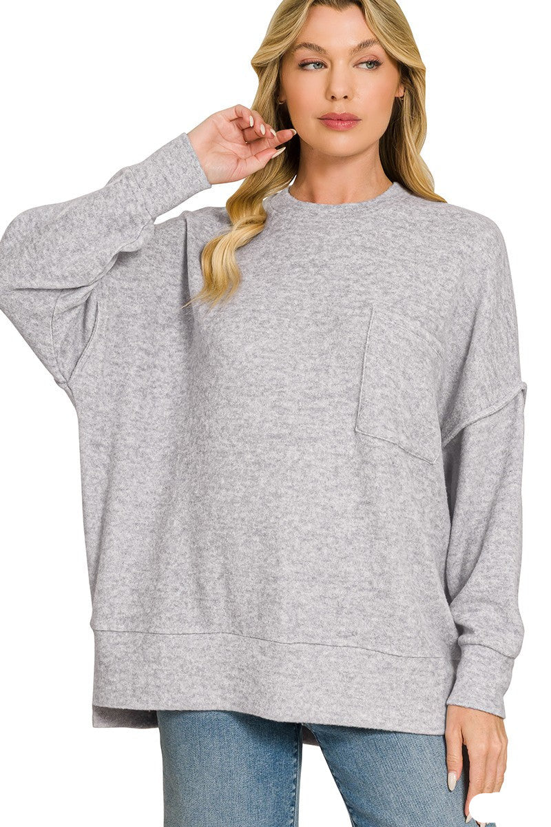 Oversized Knit Pocket Top in Grey