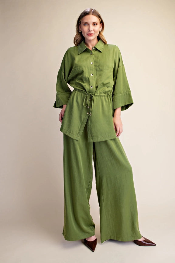 Silky Tie Waist Dolman Tunic in Olive