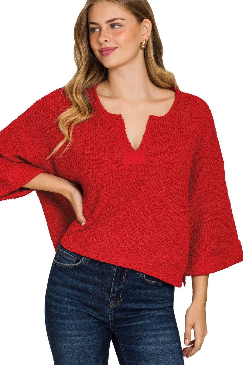 Front Slit Knit Cropped Sweater in Red