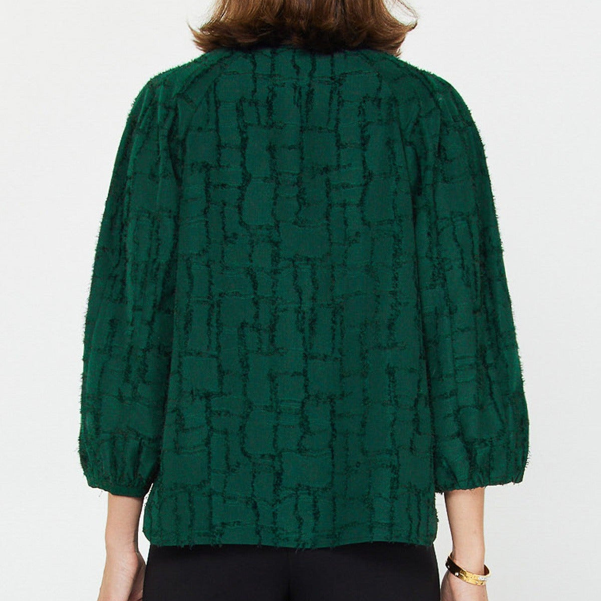 Split Neck Blouse in Textured Emerald