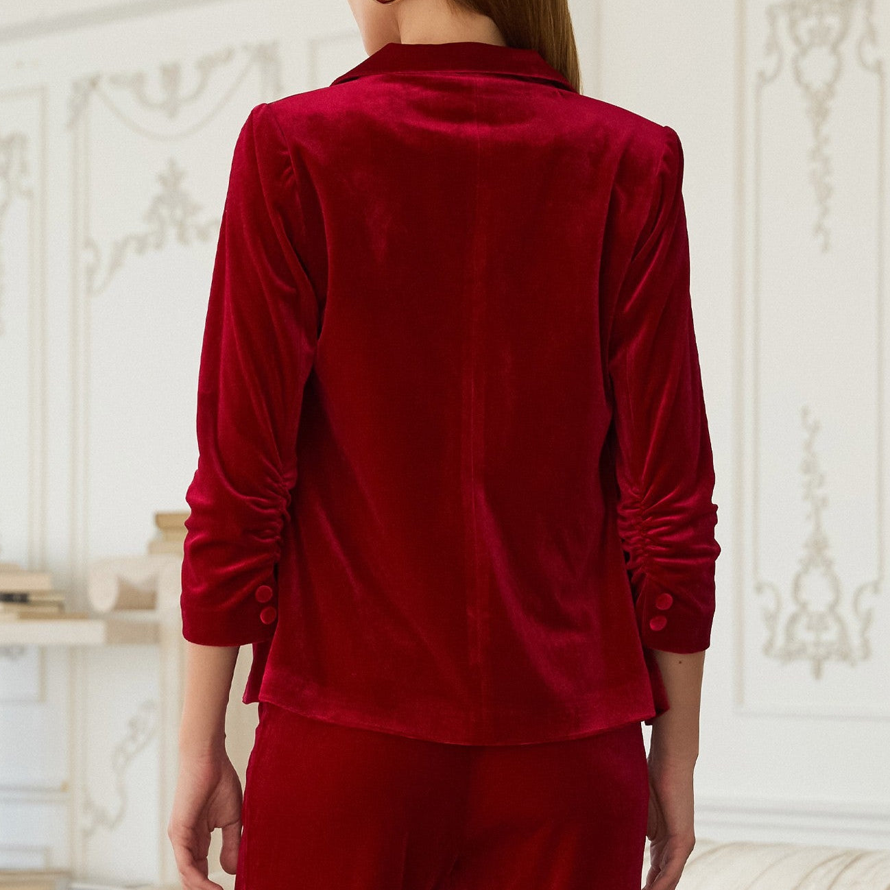 Velvet Scrunched Sleeve Blazer in Cherry