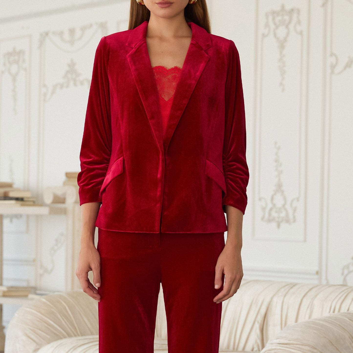 Velvet Scrunched Sleeve Blazer in Cherry