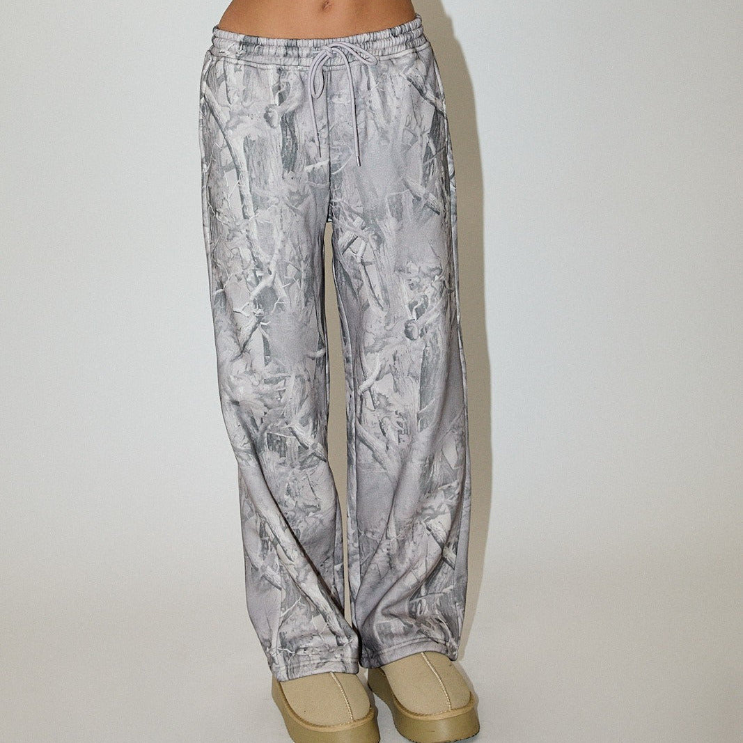 Wide Leg Drawstring Pants in Grey Camo