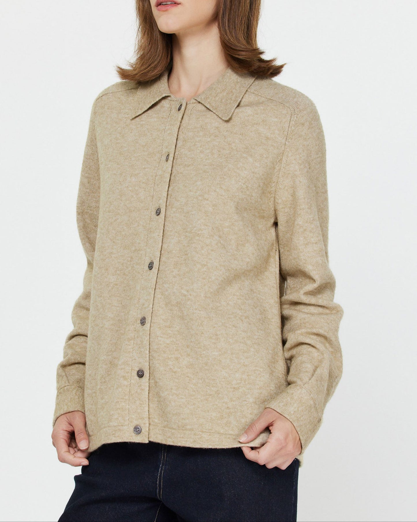 Collared Button Up Knit Shacket in Oat