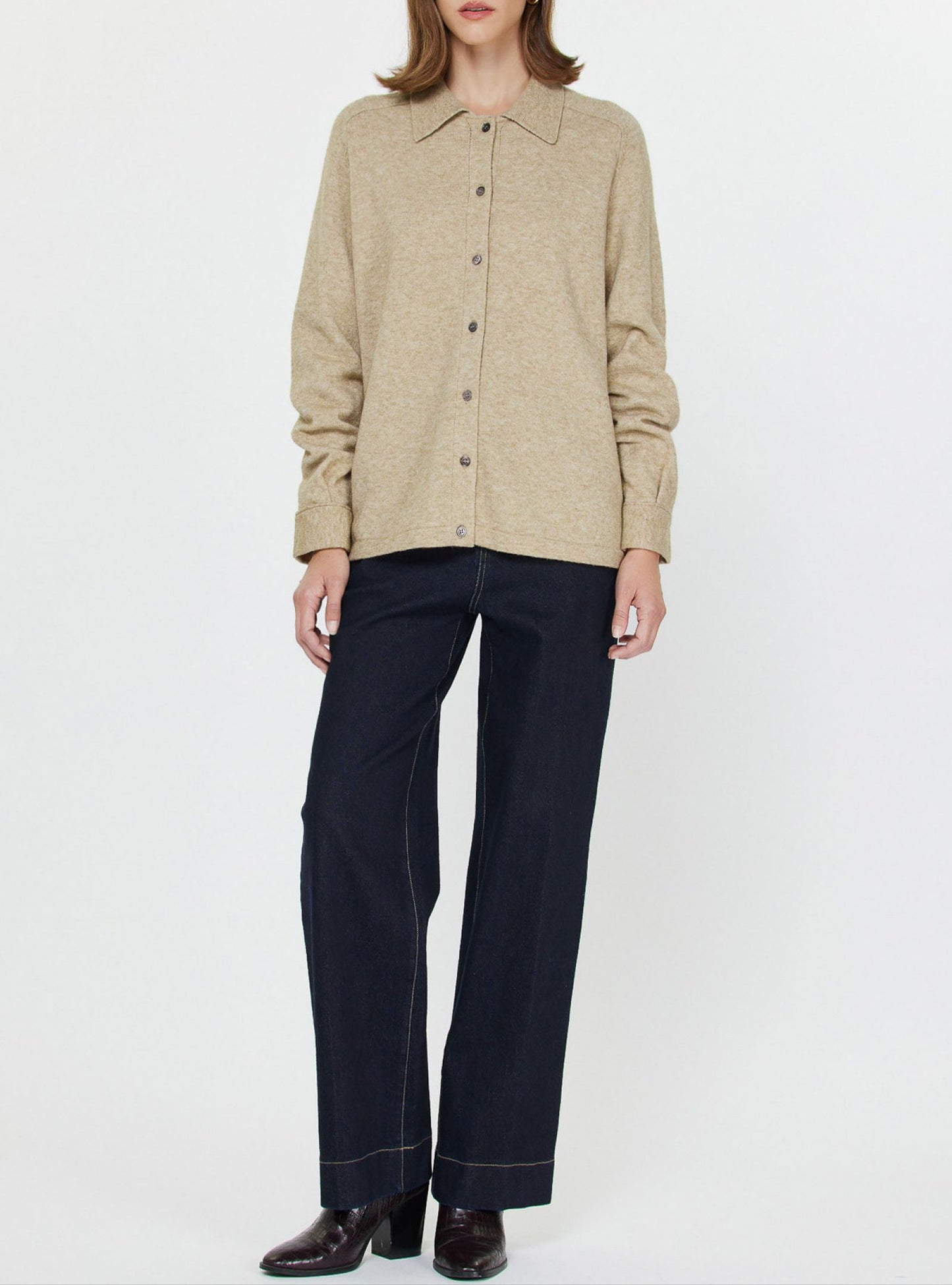 Collared Button Up Knit Shacket in Oat