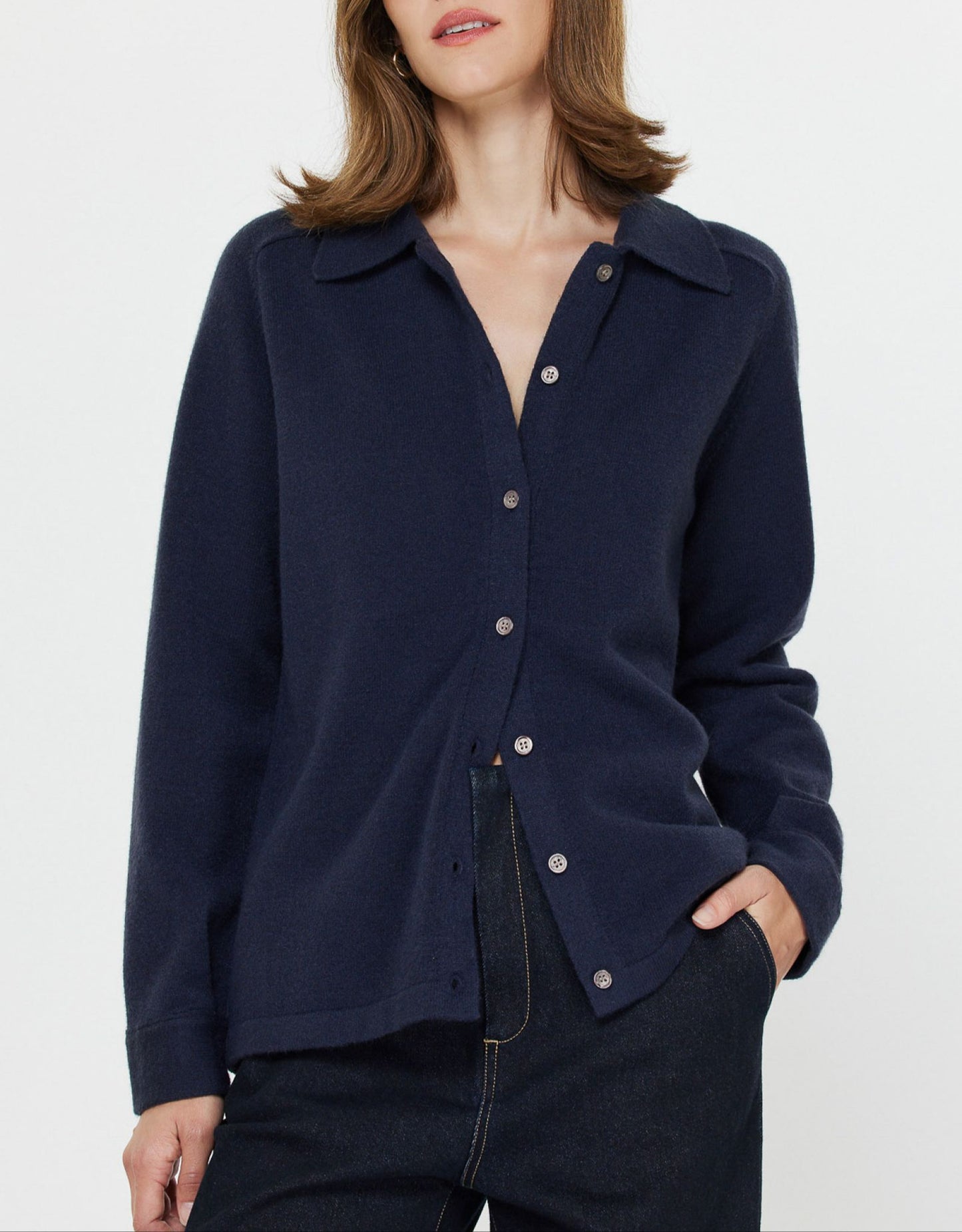 Collared Button Up Knit Shacket in Navy