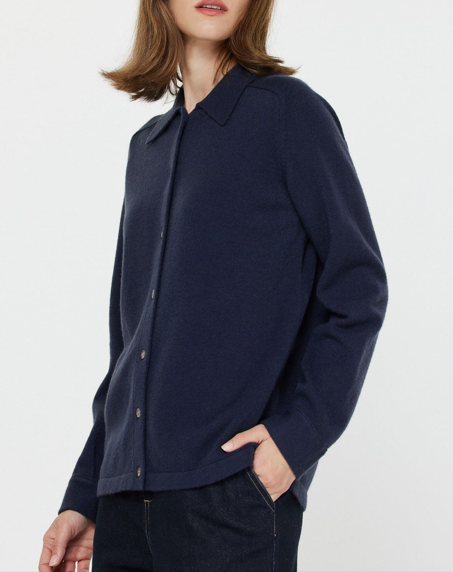 Collared Button Up Knit Shacket in Navy