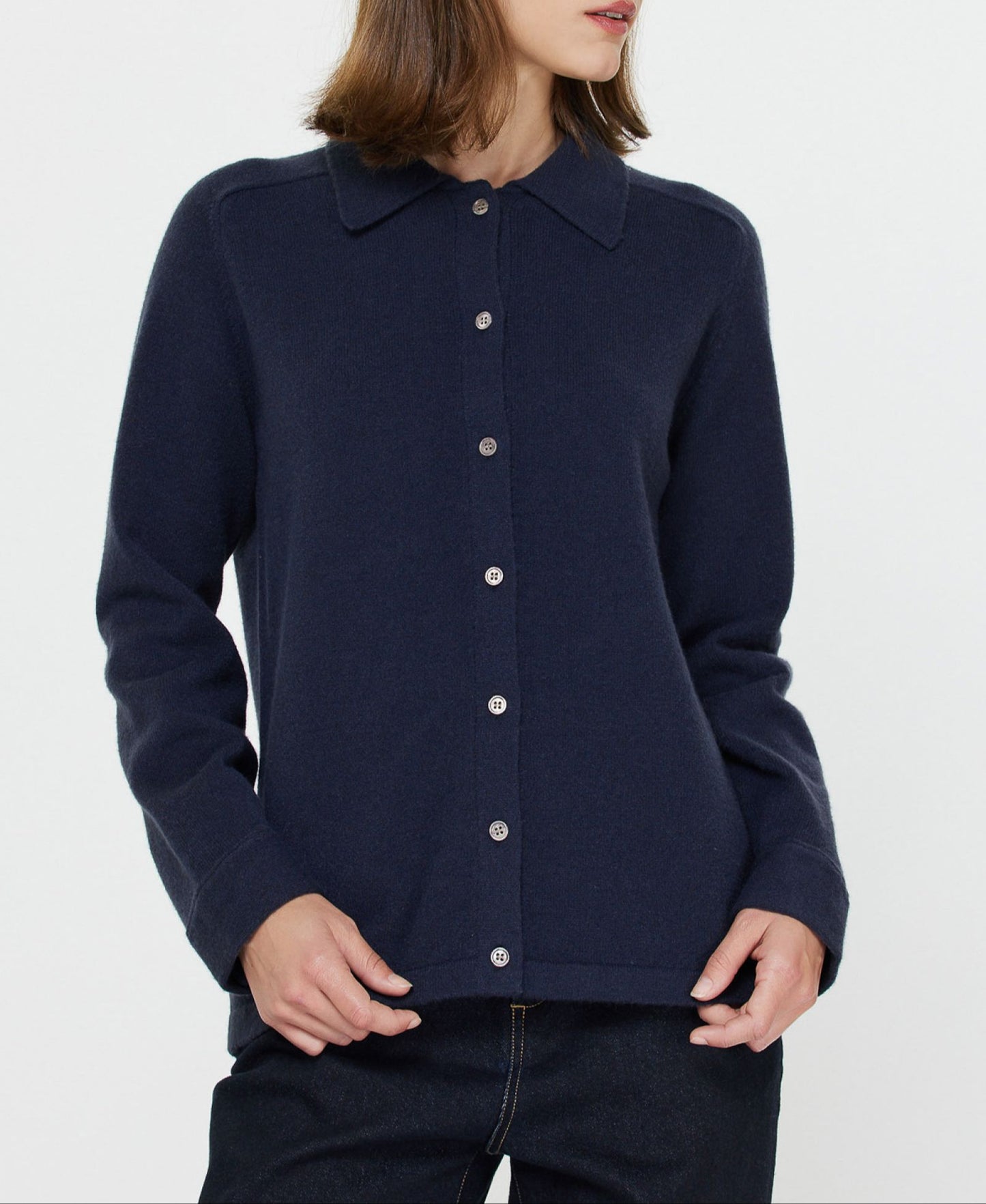 Collared Button Up Knit Shacket in Navy
