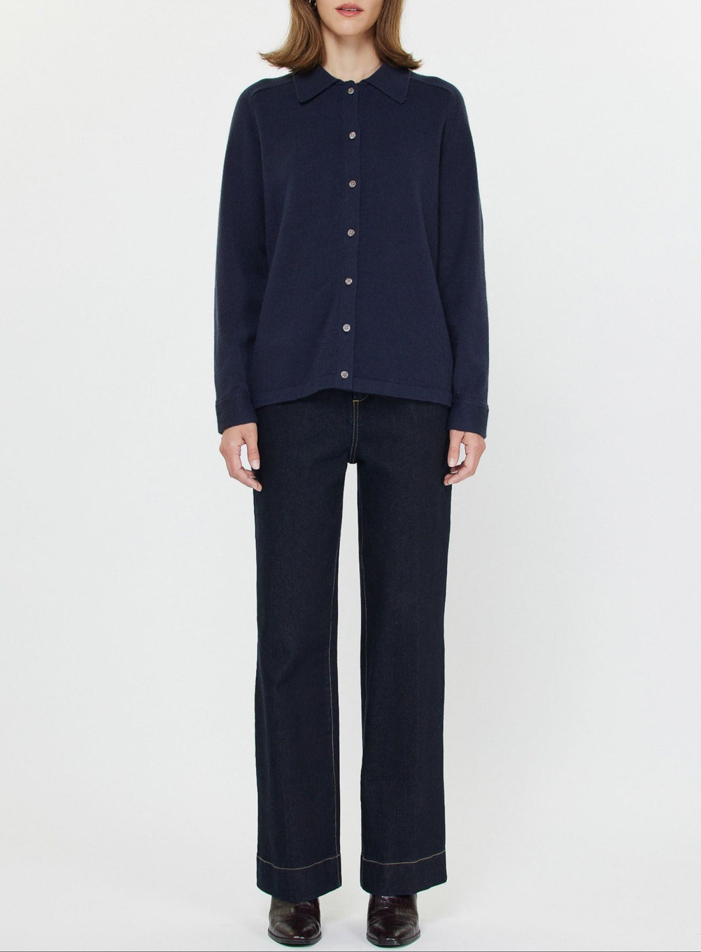 Collared Button Up Knit Shacket in Navy