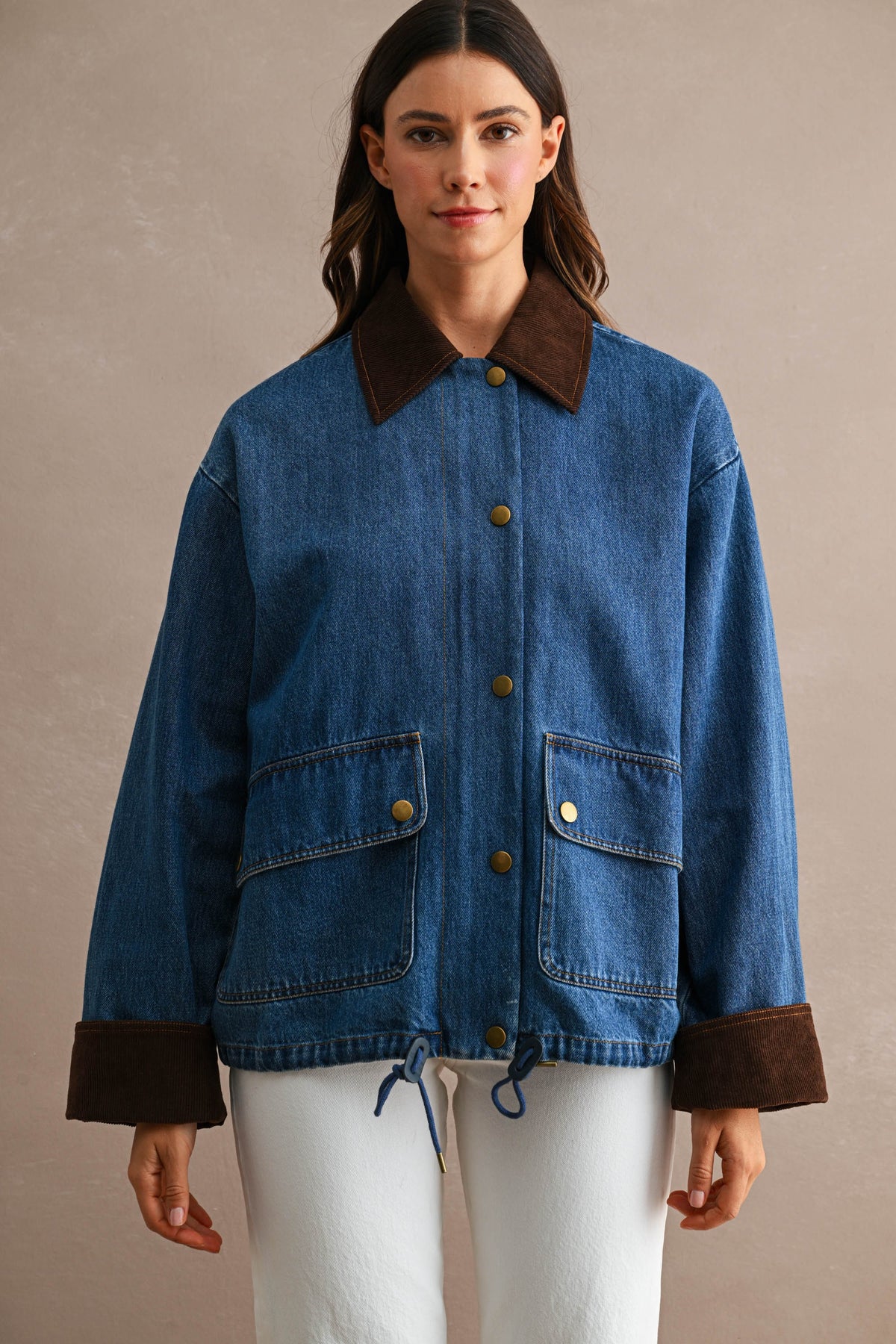 Corduroy Trimmed Denim Barn Jacket in Medium Wash