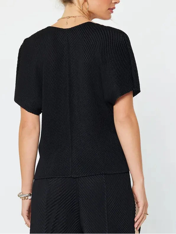 V Neck Dolman Sleeve Pleated Top in Black