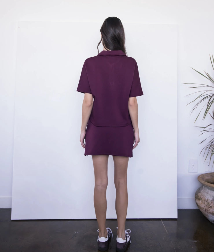 P.Cill Butter Modal Zip Front Short Sleeve Top in Port