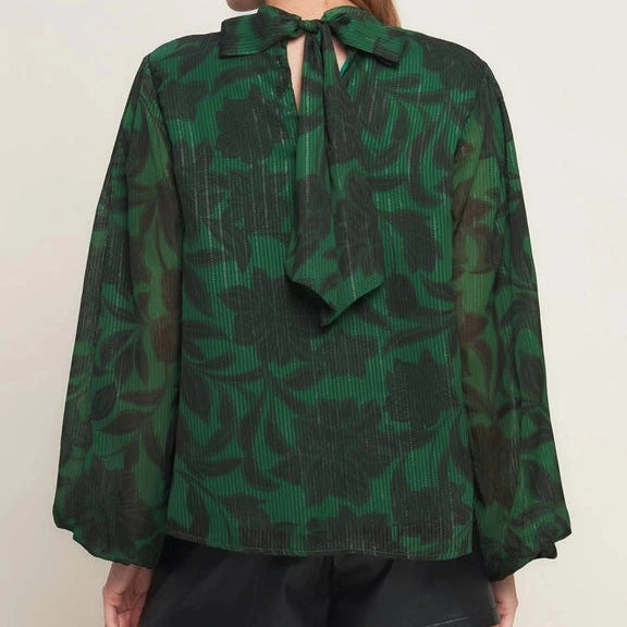 High Neck Tie Back Blouse in Holiday Green
