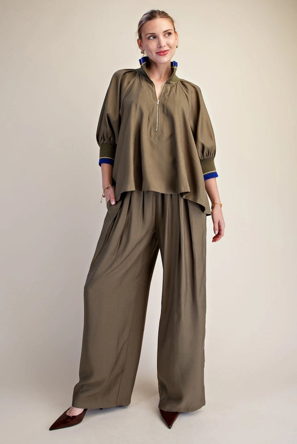 Zip Front High Collar Top with Contrastic Band in Olive/Blue