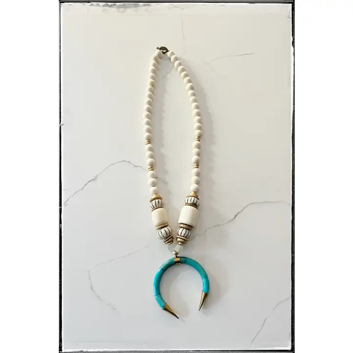 Wooden Bead Necklace with Turquoise Tusk