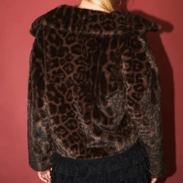 Zip Front Cropped Faux Fur Jacket in Brown Leopard