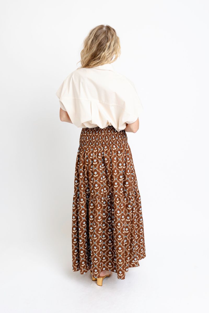 Karlie Smocked Tiered Maxi Skirt in Chocolate