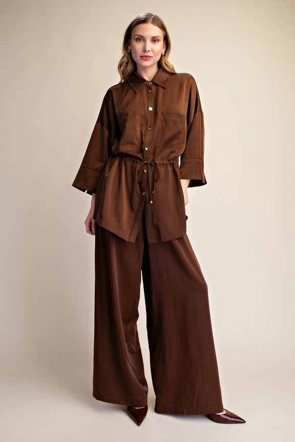 Silky Tie Waist Dolman Tunic in Chocolate