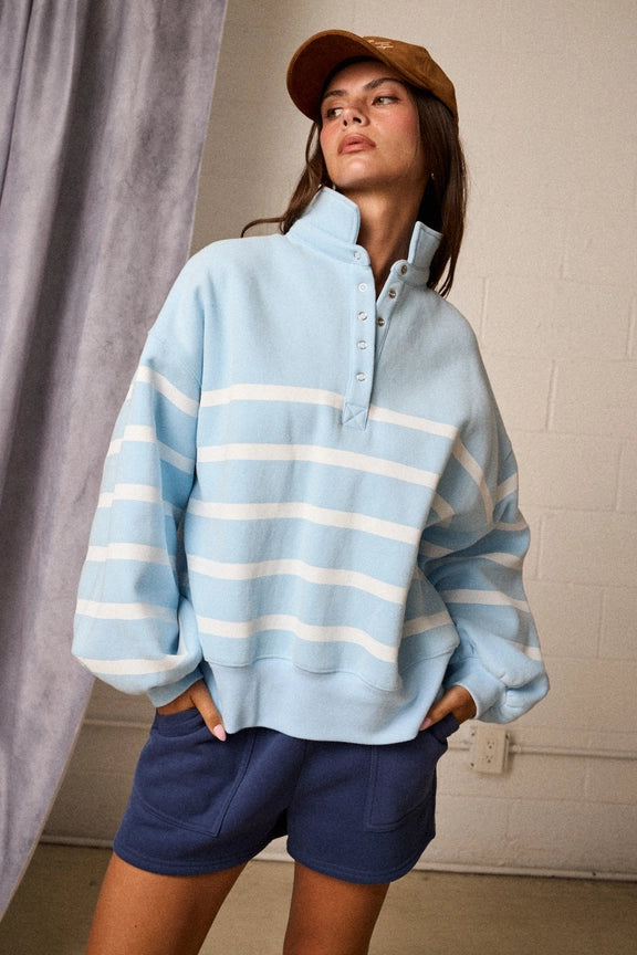Half Button Collared Pullover in Striped Sky Blue