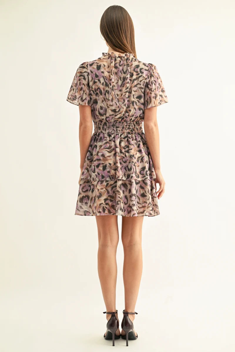 Adelyn Rae Lorena Flutter Sleeve Mini Dress in Lavender Leopard