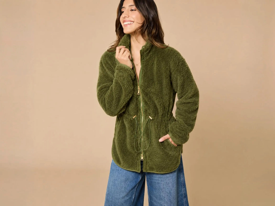 Softies Soft Plush Double Zip Jacket in Olive