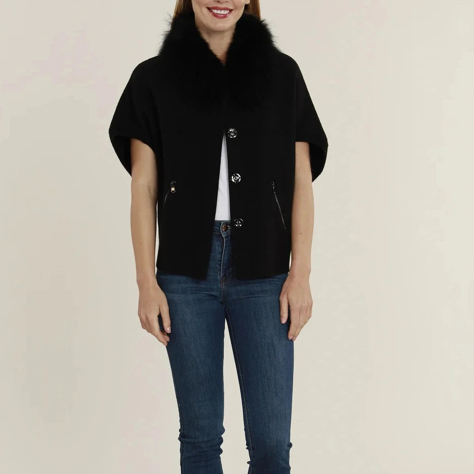 Faux Fur Trimmed Cardigan Cocoon in Black