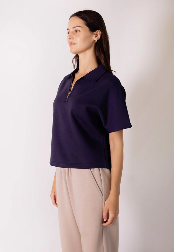 P.Cill Zip Front Short Sleeve Top in Navy