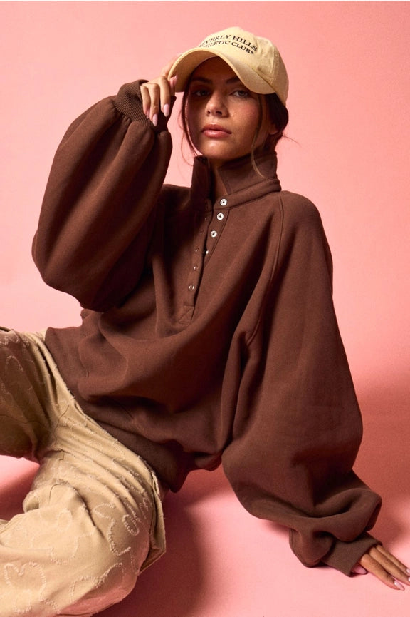 Half Button Collared Pullover in Chocolate