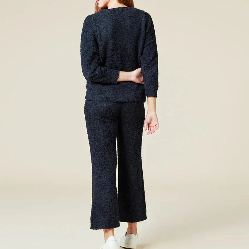 Softies Solid Marshmellow Reverse Seam Crew Neck Lounge Set in Black