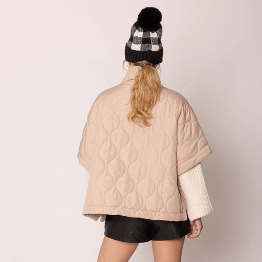 Oversized Quilted Half Zip Poncho in Beige
