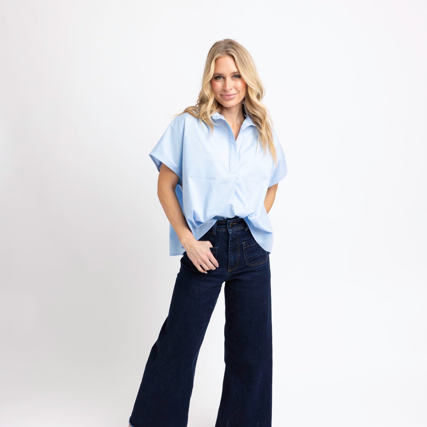 Karlie V-Neck Collared Top in Powder Blue