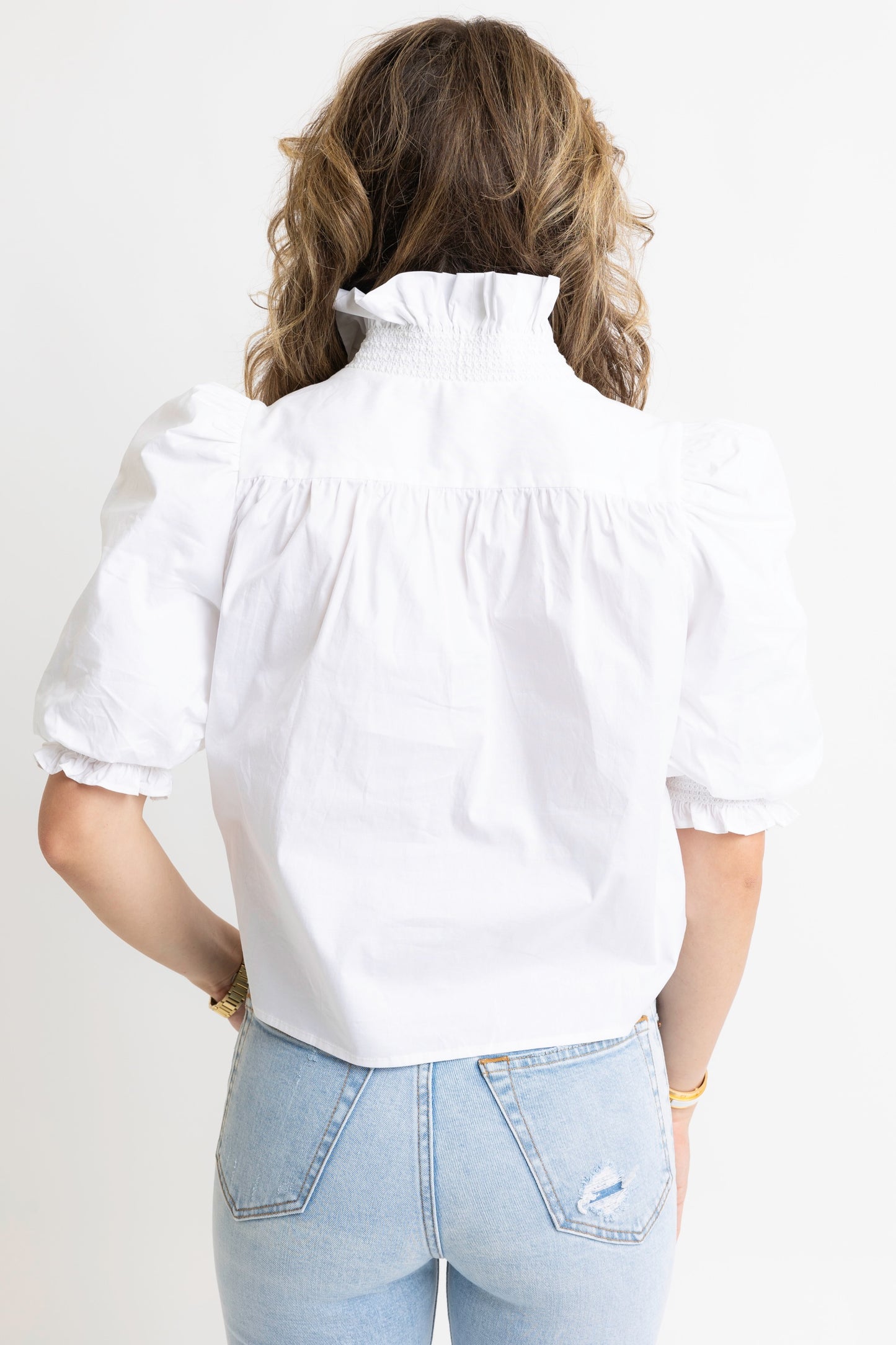 Karlie Crossover Ruffle Neck Top in White