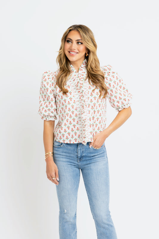Karlie Ruffled Puff Sleeve Blouse in Ivory Floral