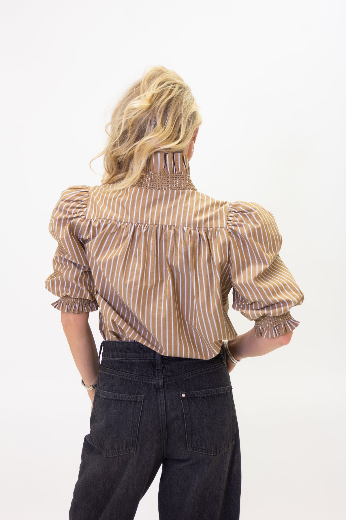 Karlie Crossover Ruffle Top in Tan Stripe