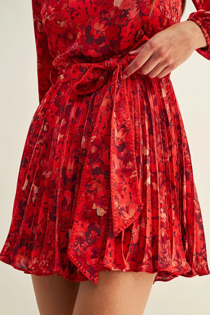 Adelyn Rae Bailey Pleated Long Sleeves Mini Dress in Red