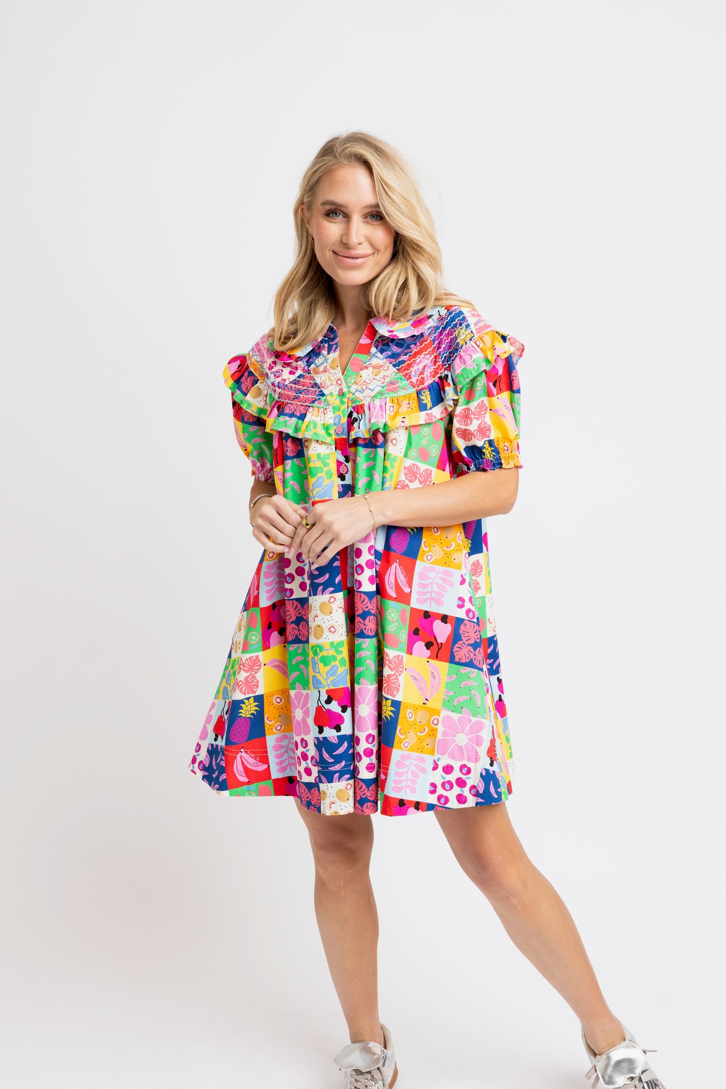 Karlie Peter Pan Collared Ruffled Front Dress in Fruit Quilt