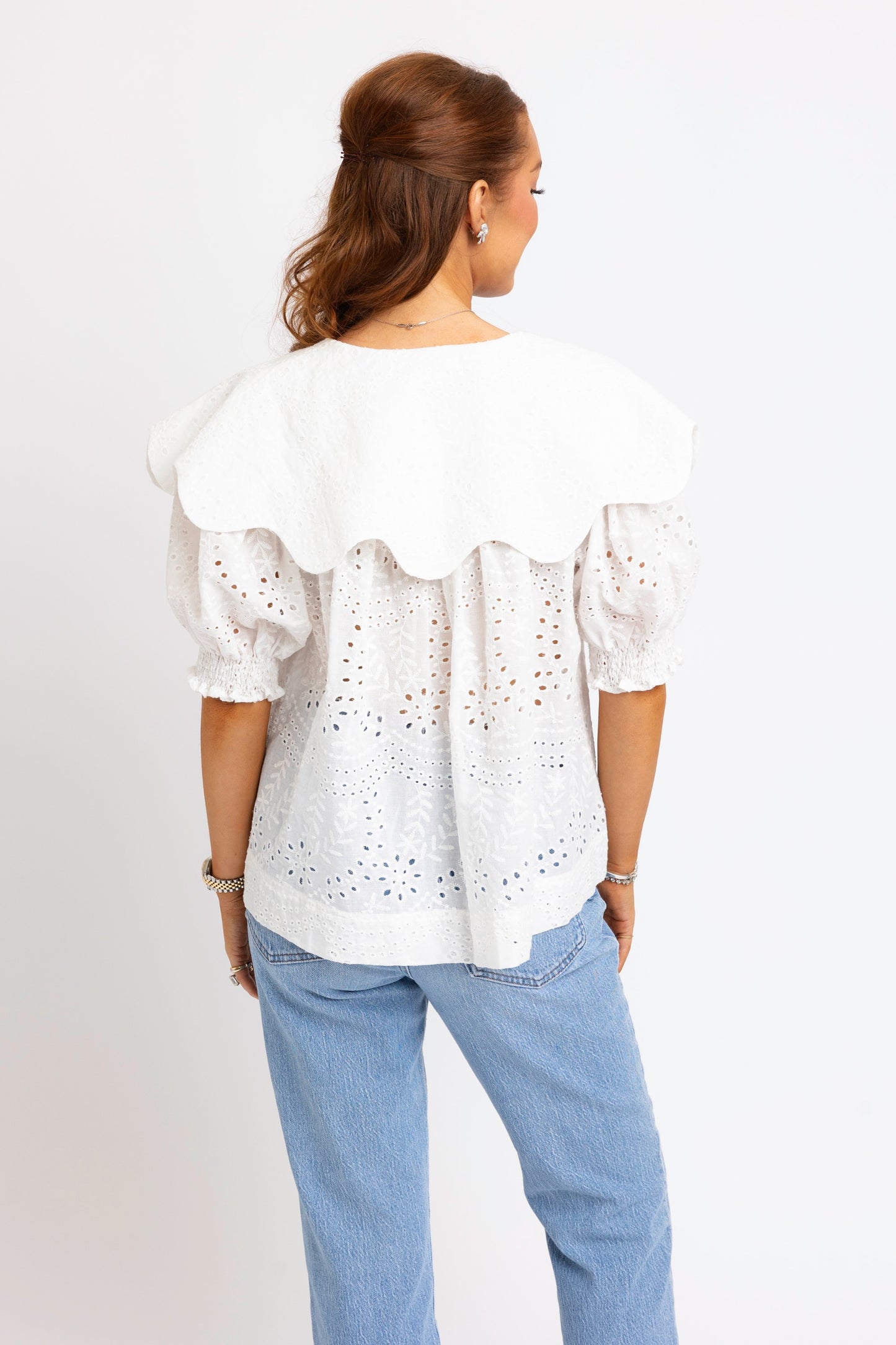 Karlie Peterpan Collar Eyelet Blouse in White