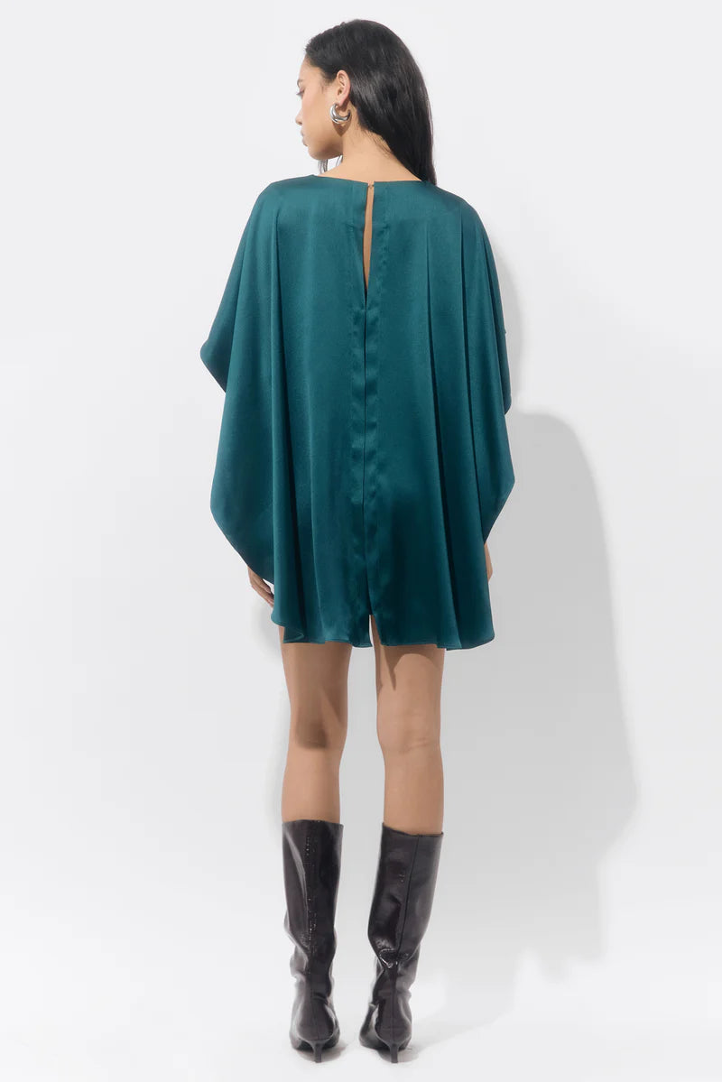 Adelyn Rae Aria Satin Cape Mini Dress in Dark Teal