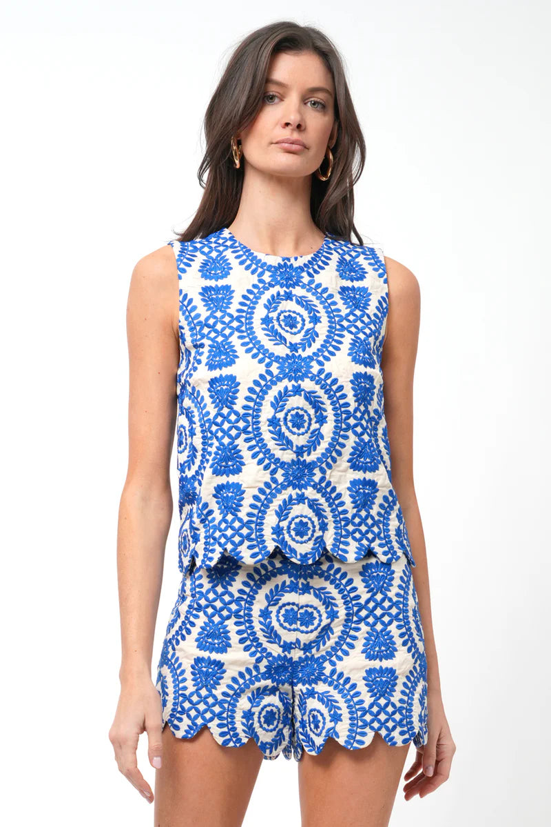 Adelyn Rae Joanne Scalloped Embroidered Top in Bluw