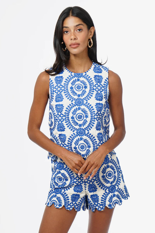 Adelyn Rae Joanne Scalloped Embroidered Top in Blue