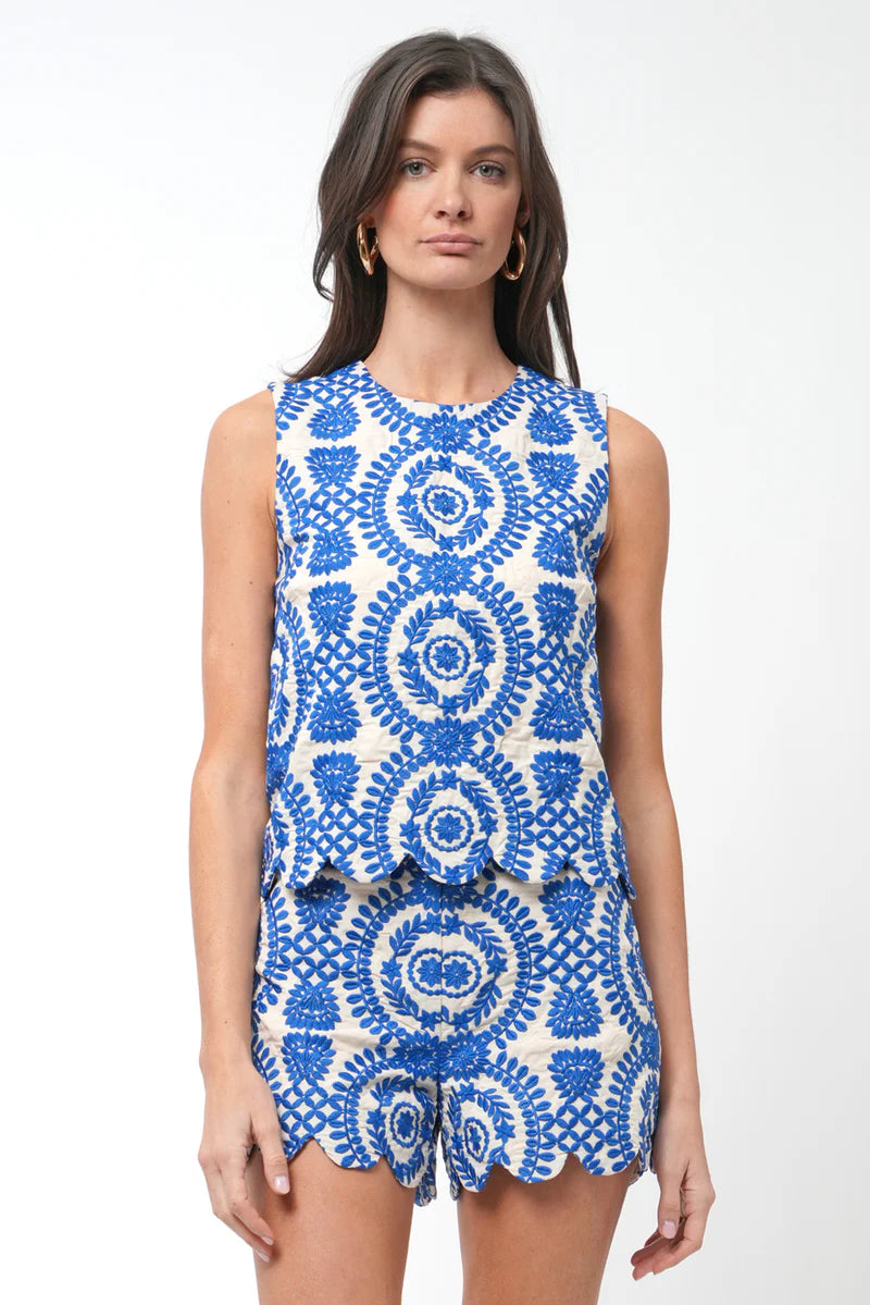Adelyn Rae Joanne Scalloped Embrodiered Shorts in Blue