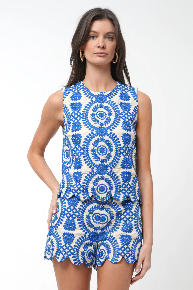 Adelyn Rae Joanne Scalloped Embrodiered Shorts in Blue