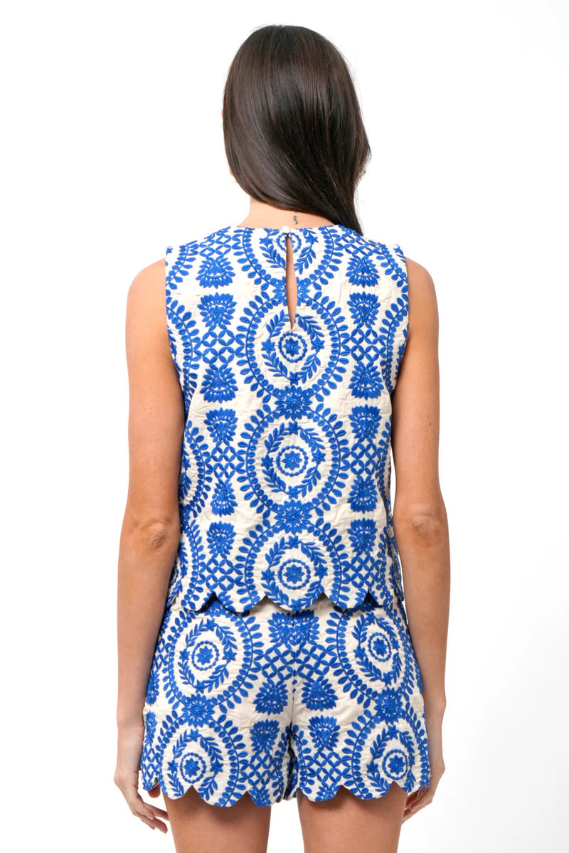 Adelyn Rae Joanne Scalloped Embroidered Top in Bluw