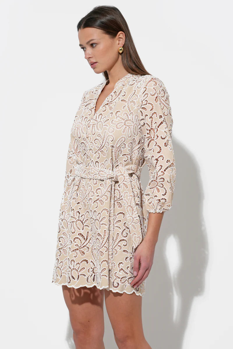 Adelyn Rae Lina Embroidered Eyelet Scalloped Belted Dress in Ivory