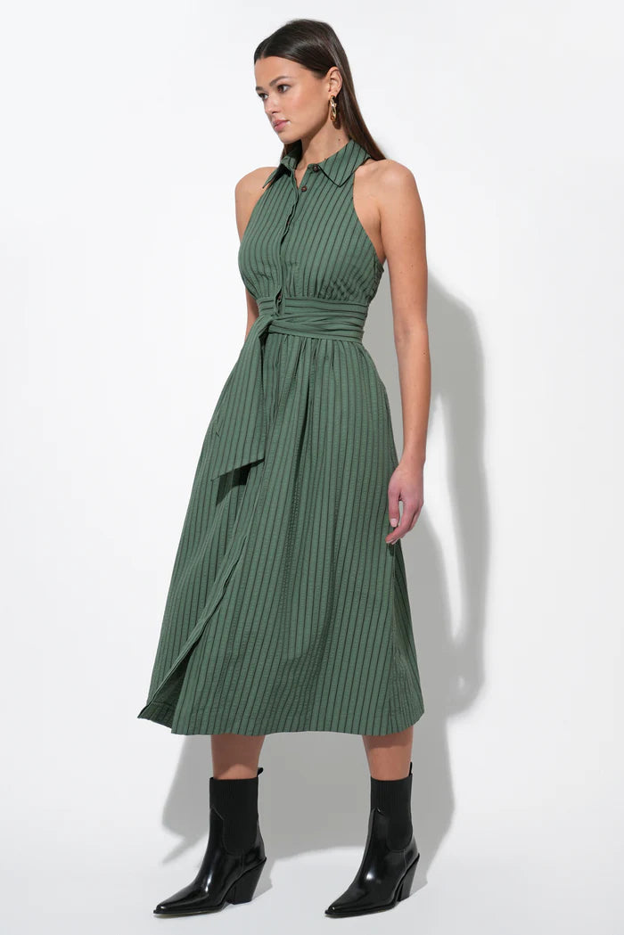 Rosa Flutter Halter Collared Tie Front Dress in Olive