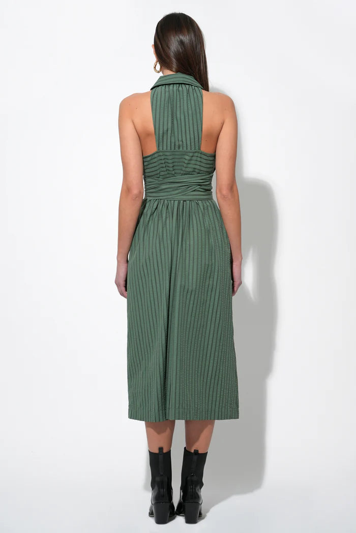 Rosa Flutter Halter Collared Tie Front Dress in Olive