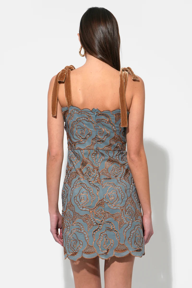 Donna Velvet Tie Dress in 3D Lace Vintage Aqua