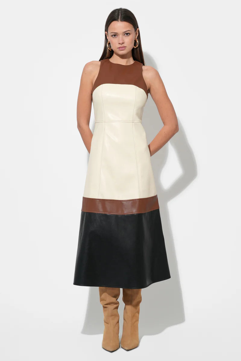 Adelyn Rae Caspia Vegan Leather Color Block Dress in Brown Multi
